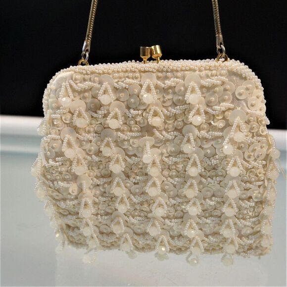 Beaded Sequined Cocktail Purse Vintage Hand Made In Hong Kong Off White - Picture 5 of 8